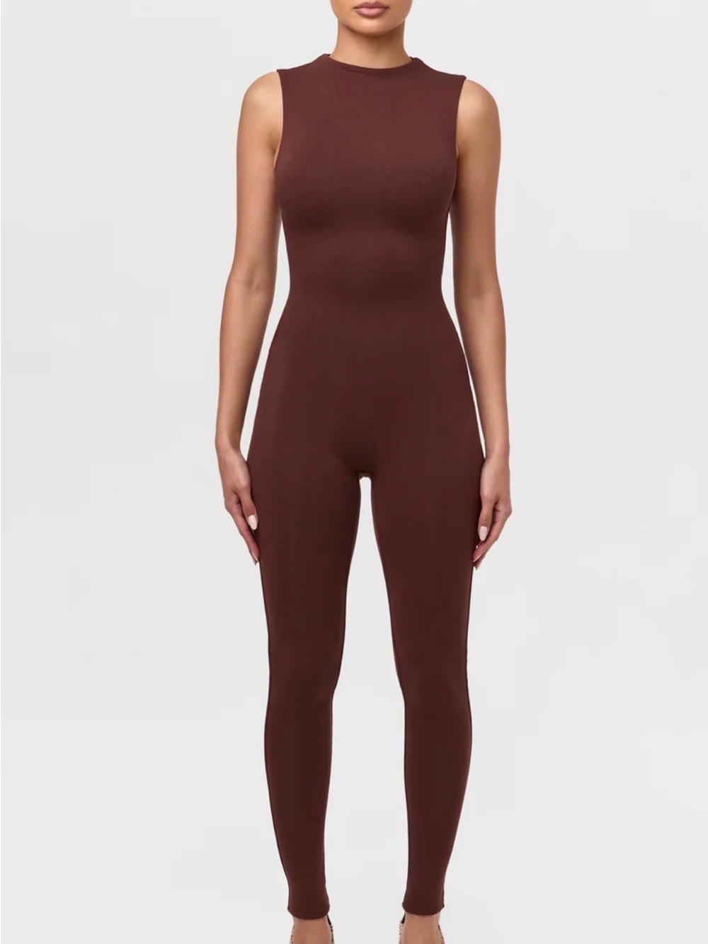 Naked Wardrobe Sleeveless Sculpt Jumpsuit | Chocolate Brown Size Small